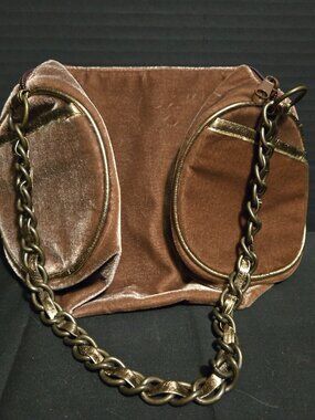 Purse Brown Velvet with Gold Piping Chain Handle